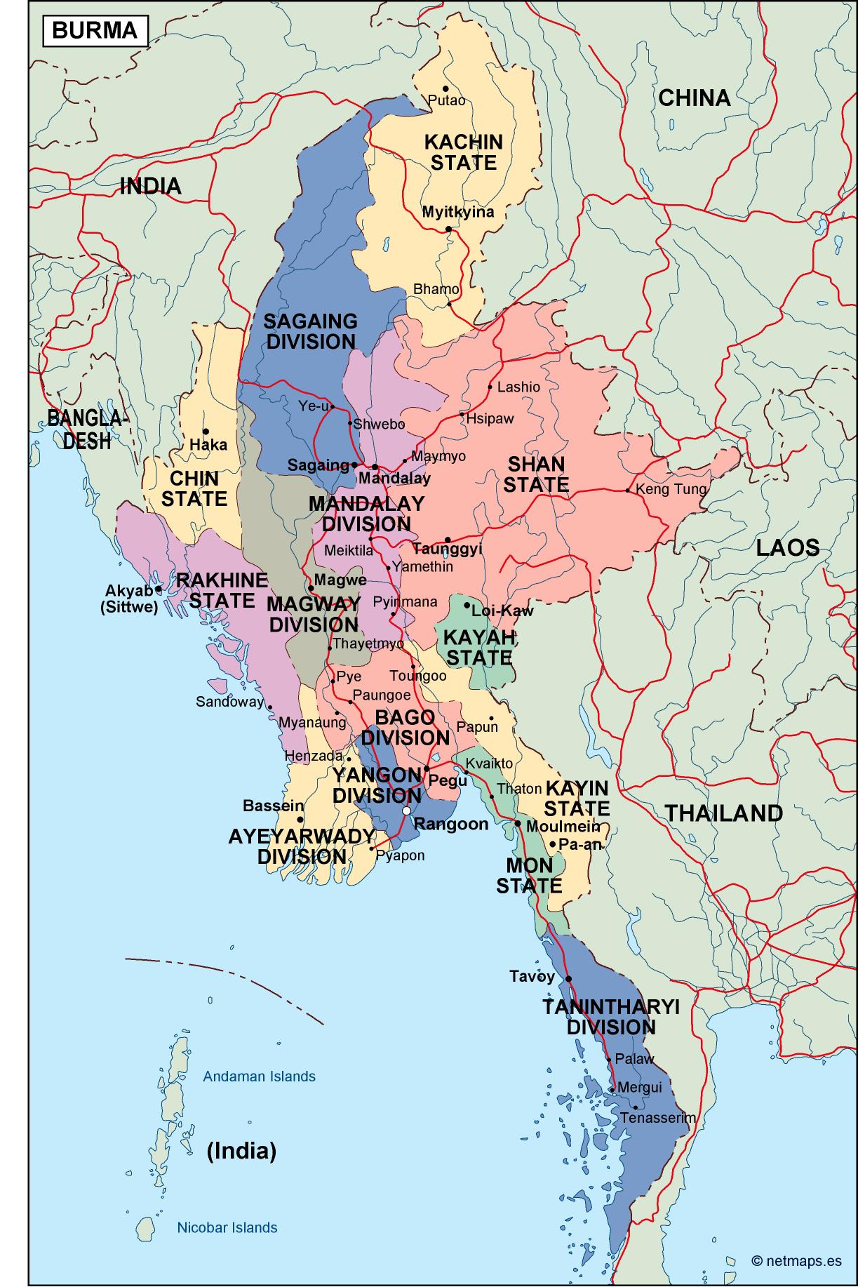 Burma political eps map vector