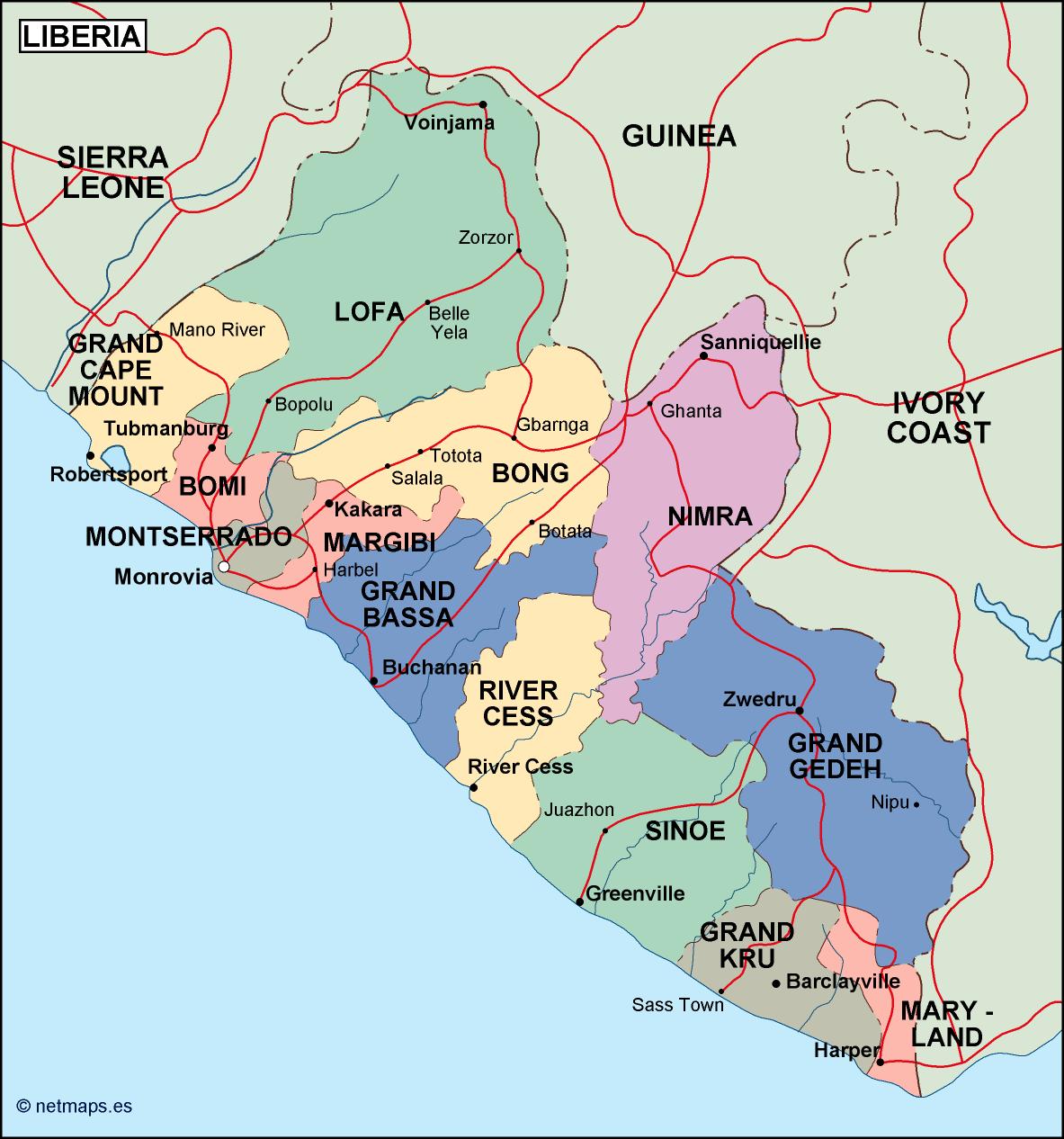 Liberia political eps map vector